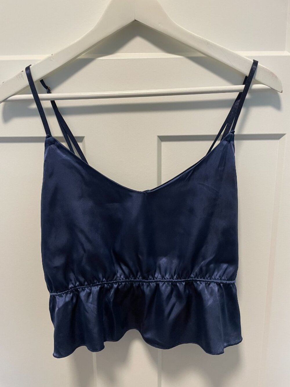Satin Cami Ruffle Shorts Sleep Set Navy Blue Coquette Lounge Two Piece Size L/XL - Picture 12 of 14
